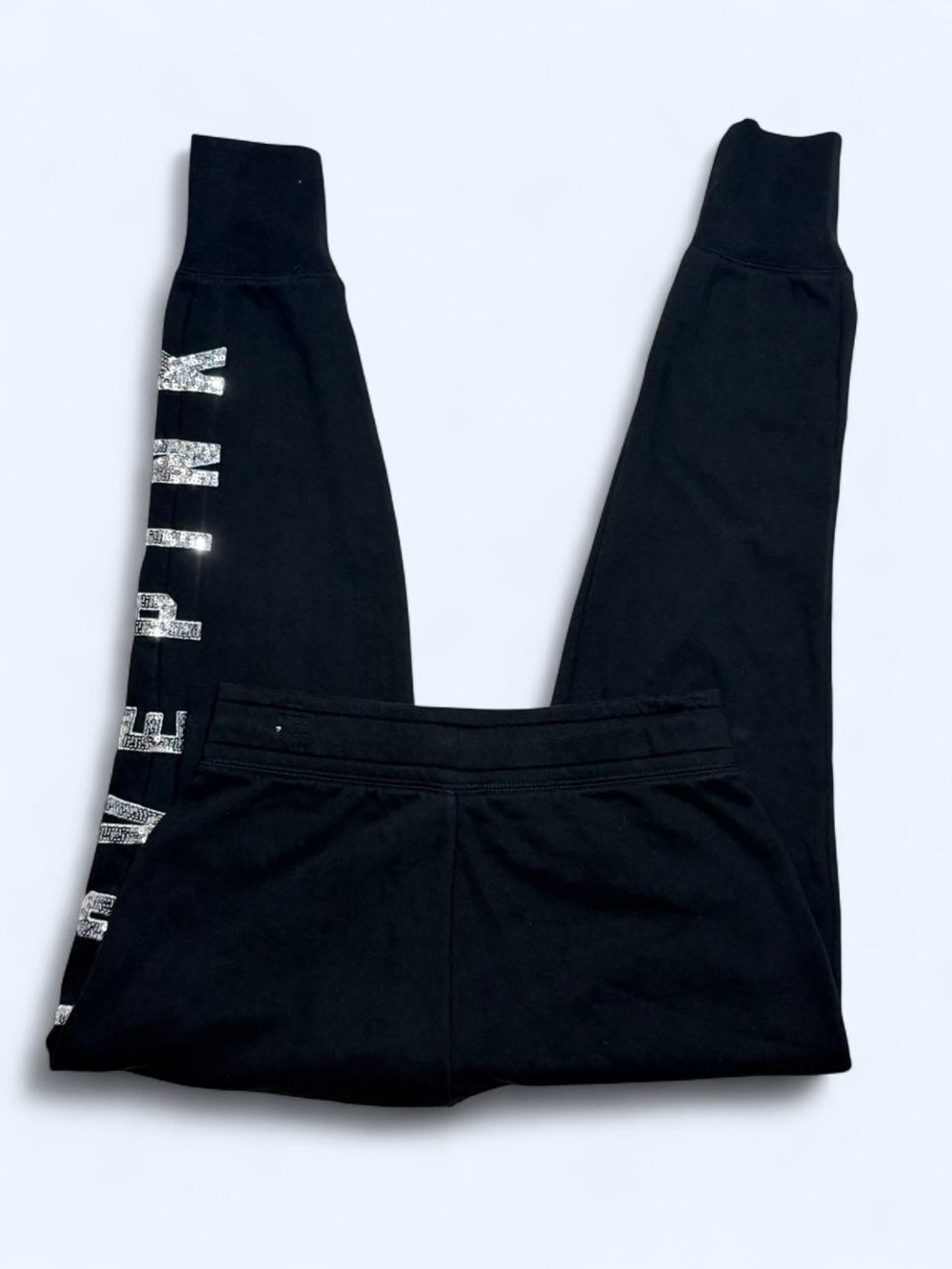 Y2K PINK Victoria's Secret Black Jogger Pants with Silver Sequin Logo